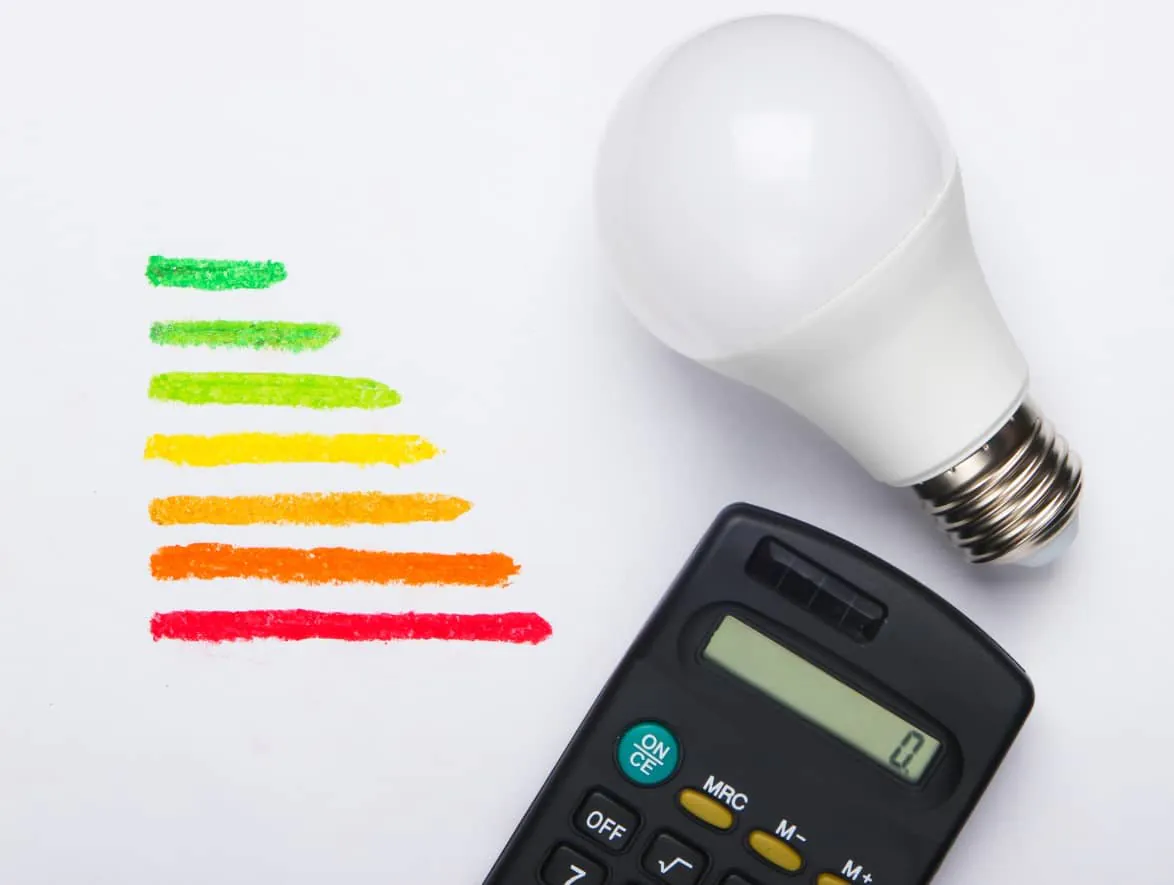Das neue Energielabel neben einer LED-Lampe Das neue Energielabel neben einer LED-Lampe und einem Taschenrechner