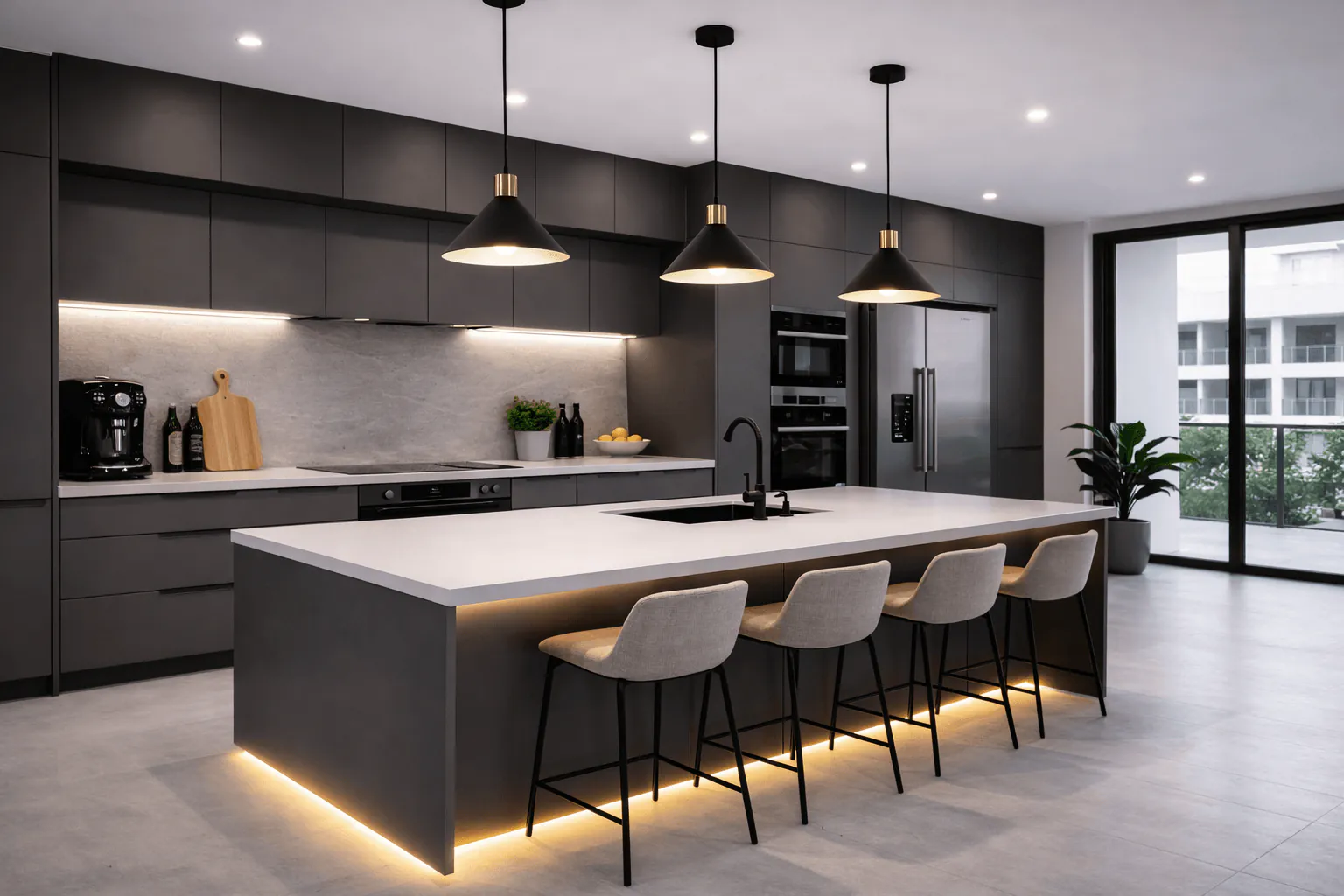 Küchenbeleuchtung mit Deckenspotlights, Pendelleuchten, Unterbauleuchten und LED-Steifen